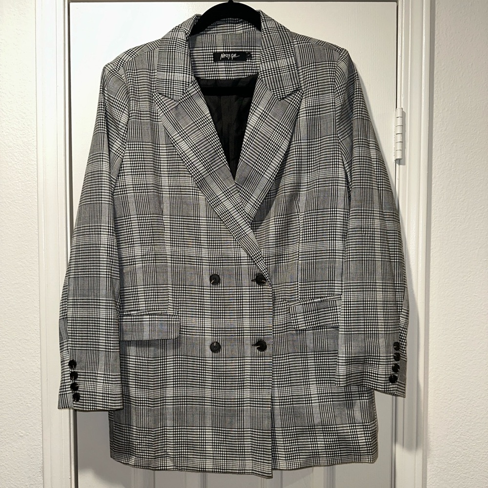 Nasty Gal - Houndstooth Plaid Oversized Blazer (Size L)